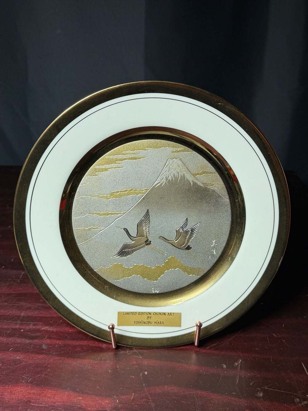 Chokin Art Decorative Plate by Yoshinobu Hara Mount Fuji and Cranes